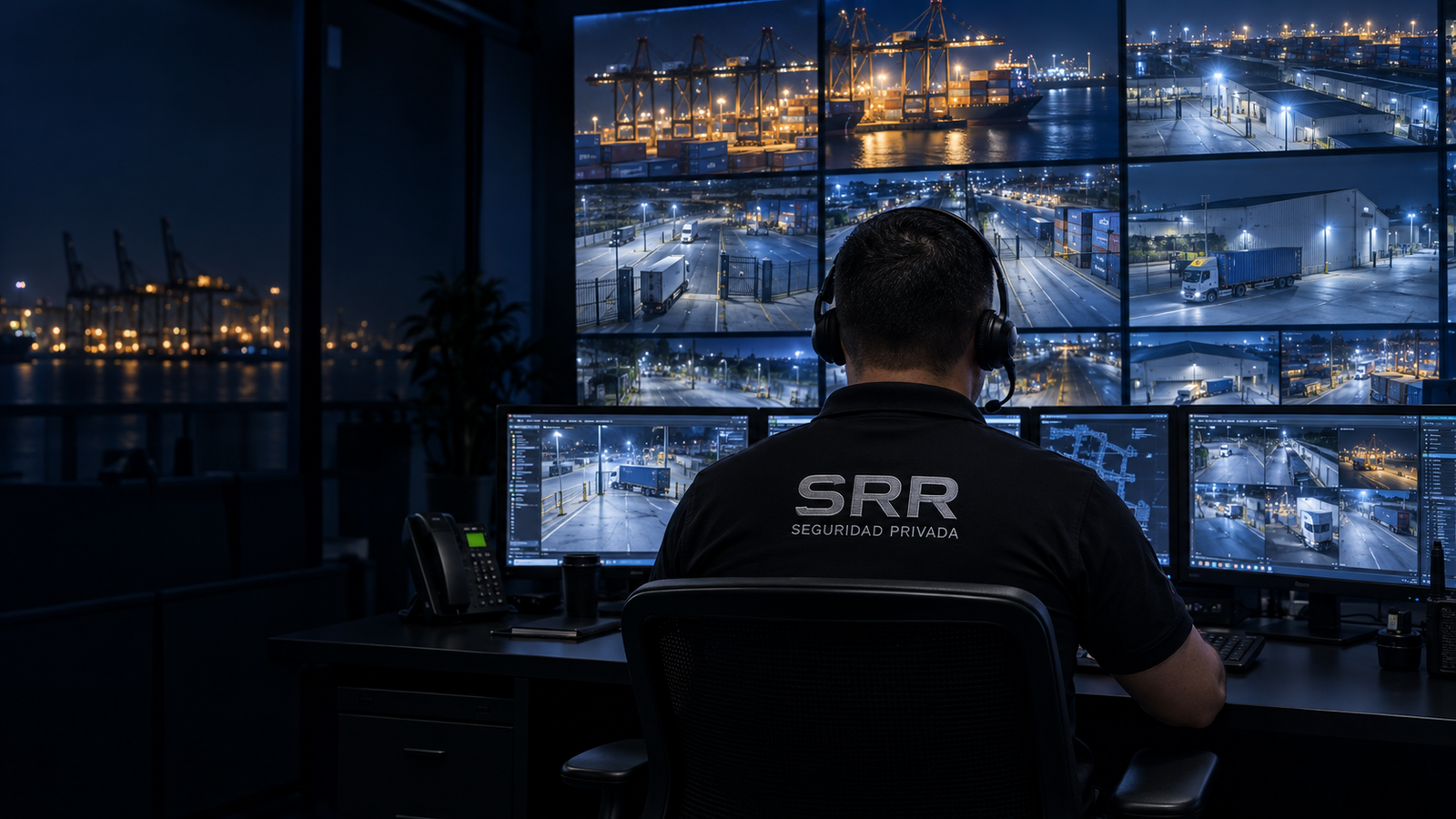 Operador de SRR supervisando cámaras y accesos en un centro de monitoreo