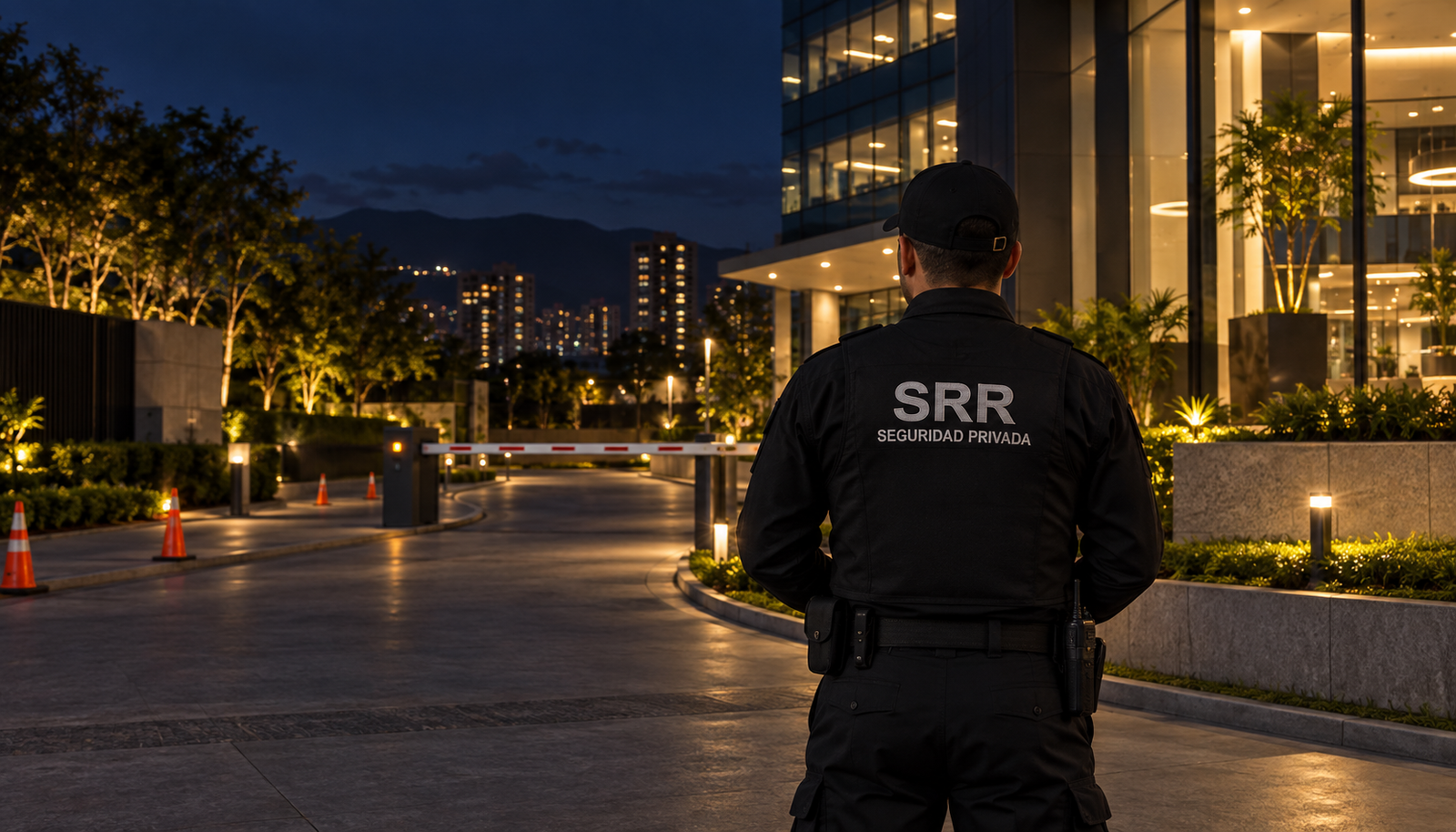 Vigilante de SRR supervisando el acceso a un edificio empresarial